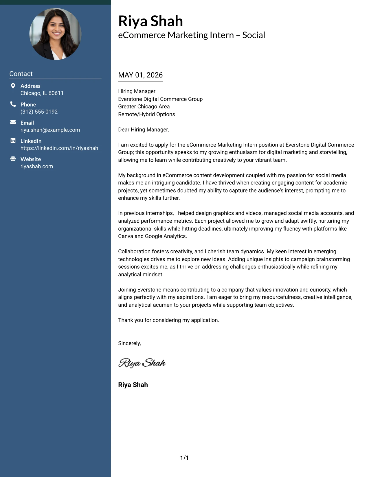 eCommerce Marketing Intern Cover Letter Example