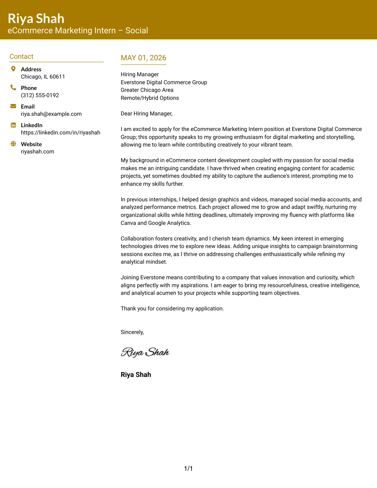 eCommerce Marketing Intern Cover Letter Example Bold Color Header Professional Format