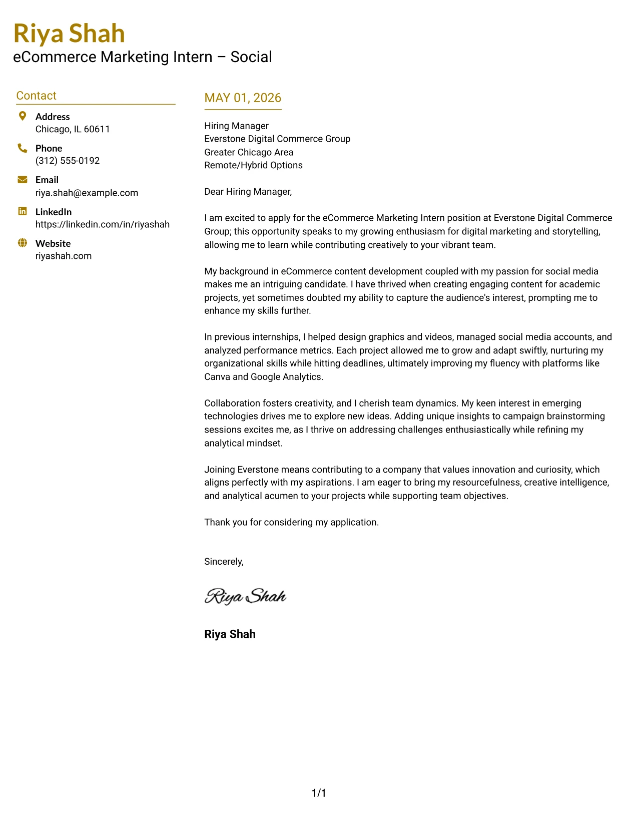 eCommerce Marketing Intern Cover Letter Example Top Left Header Color Accent Format
