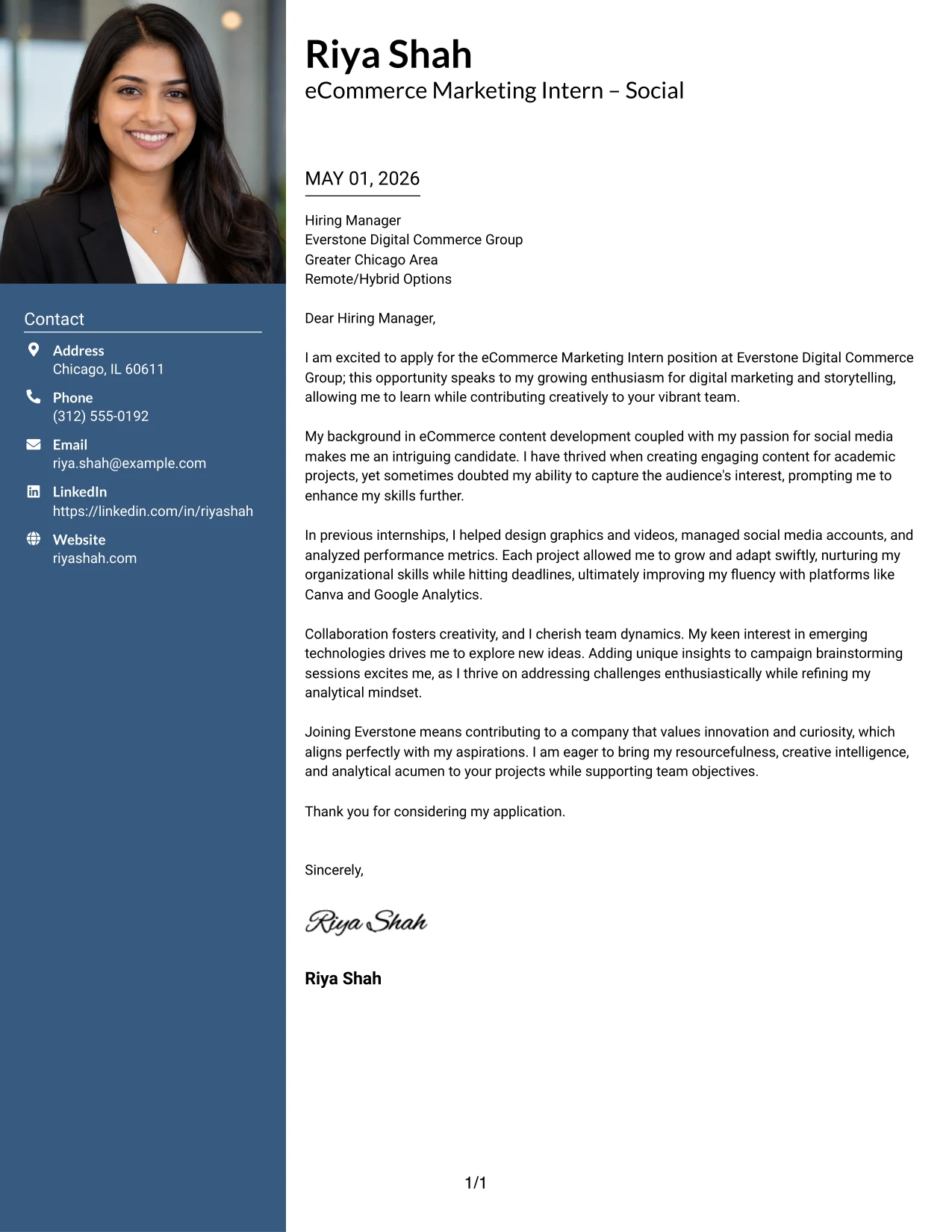 eCommerce Marketing Intern Cover Letter Example with Photo Header