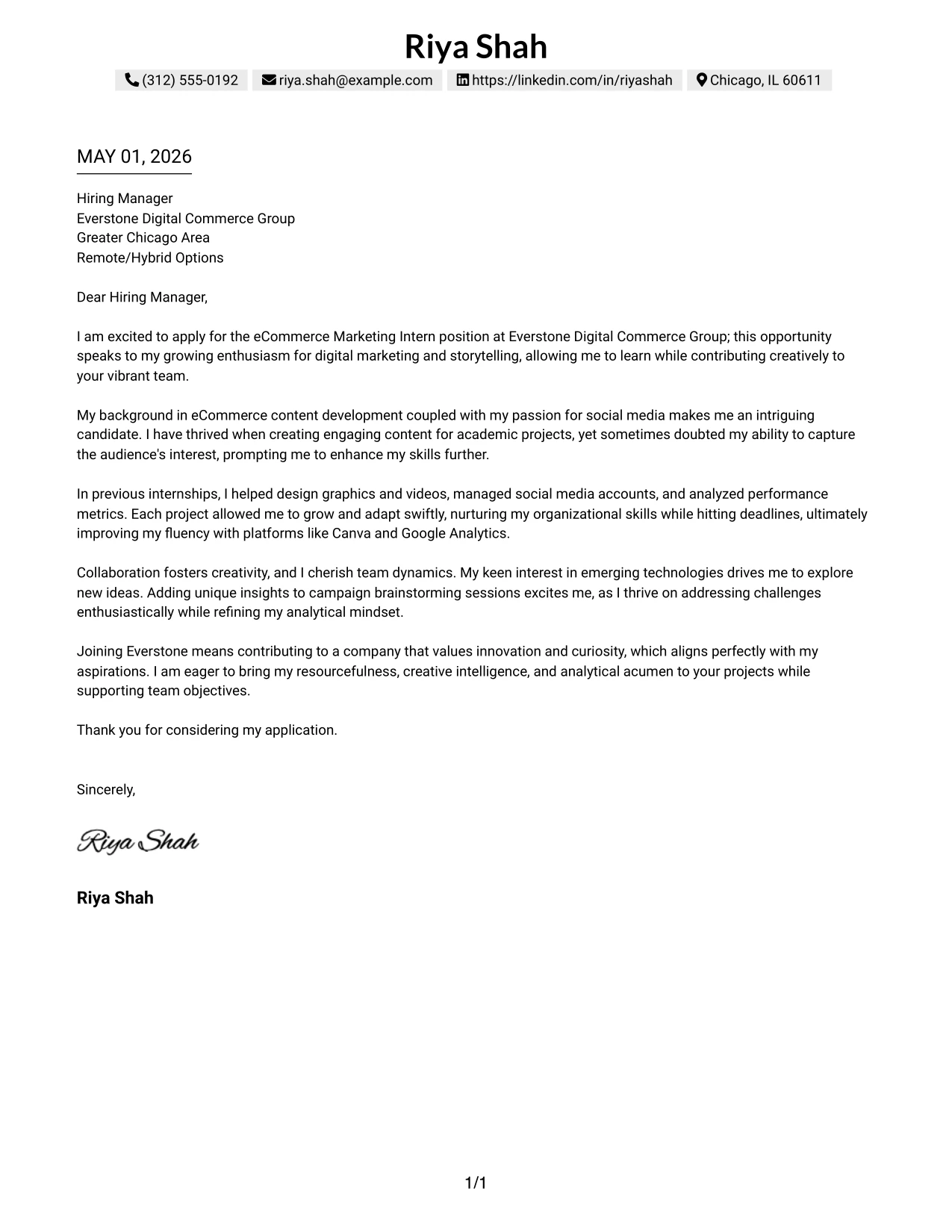 eCommerce Marketing Intern Cover Letter Example One Column Shaded Contact Header Format