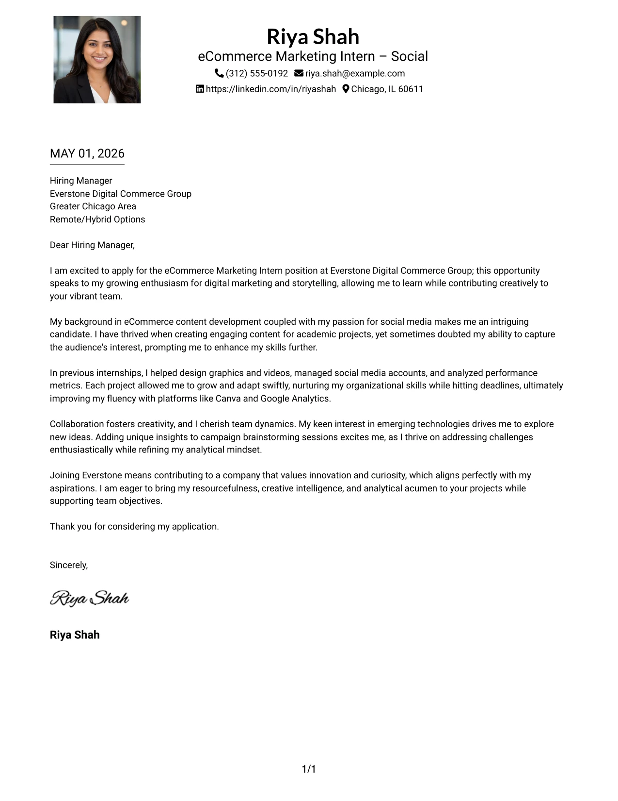 eCommerce Marketing Intern Cover Letter Example One Column Format with Photo