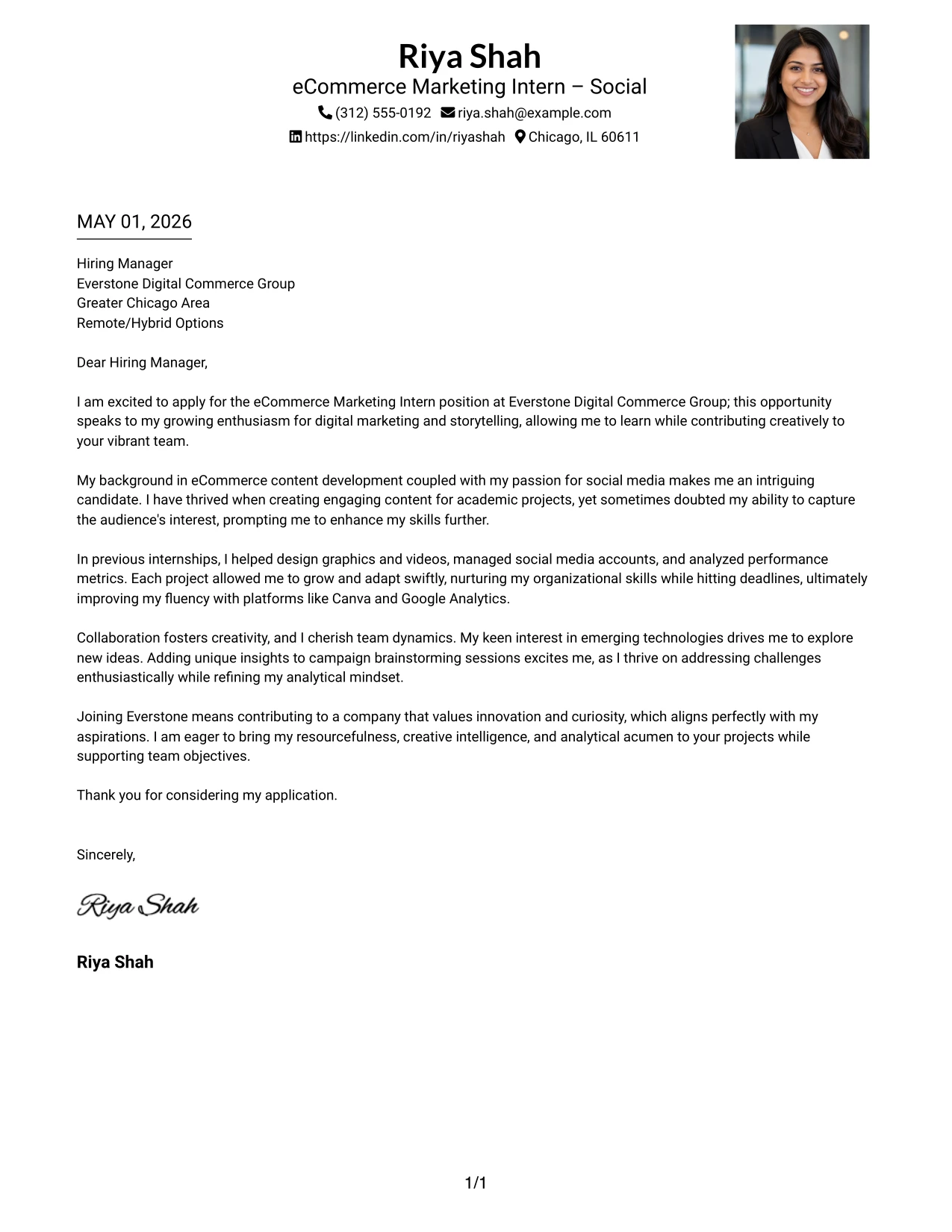 eCommerce Marketing Intern Cover Letter Example One Column Format with Photo Right