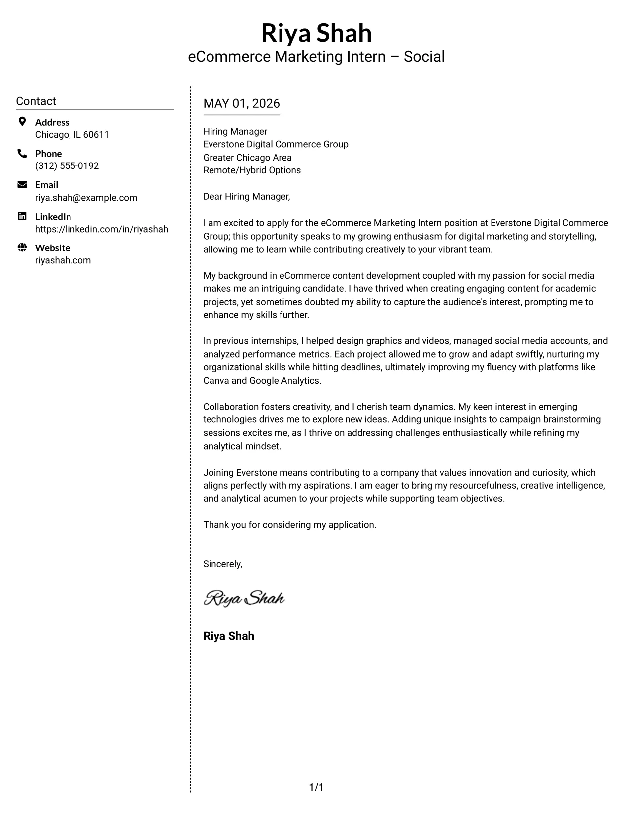 eCommerce Marketing Intern Cover Letter Example Simple Two Column Format