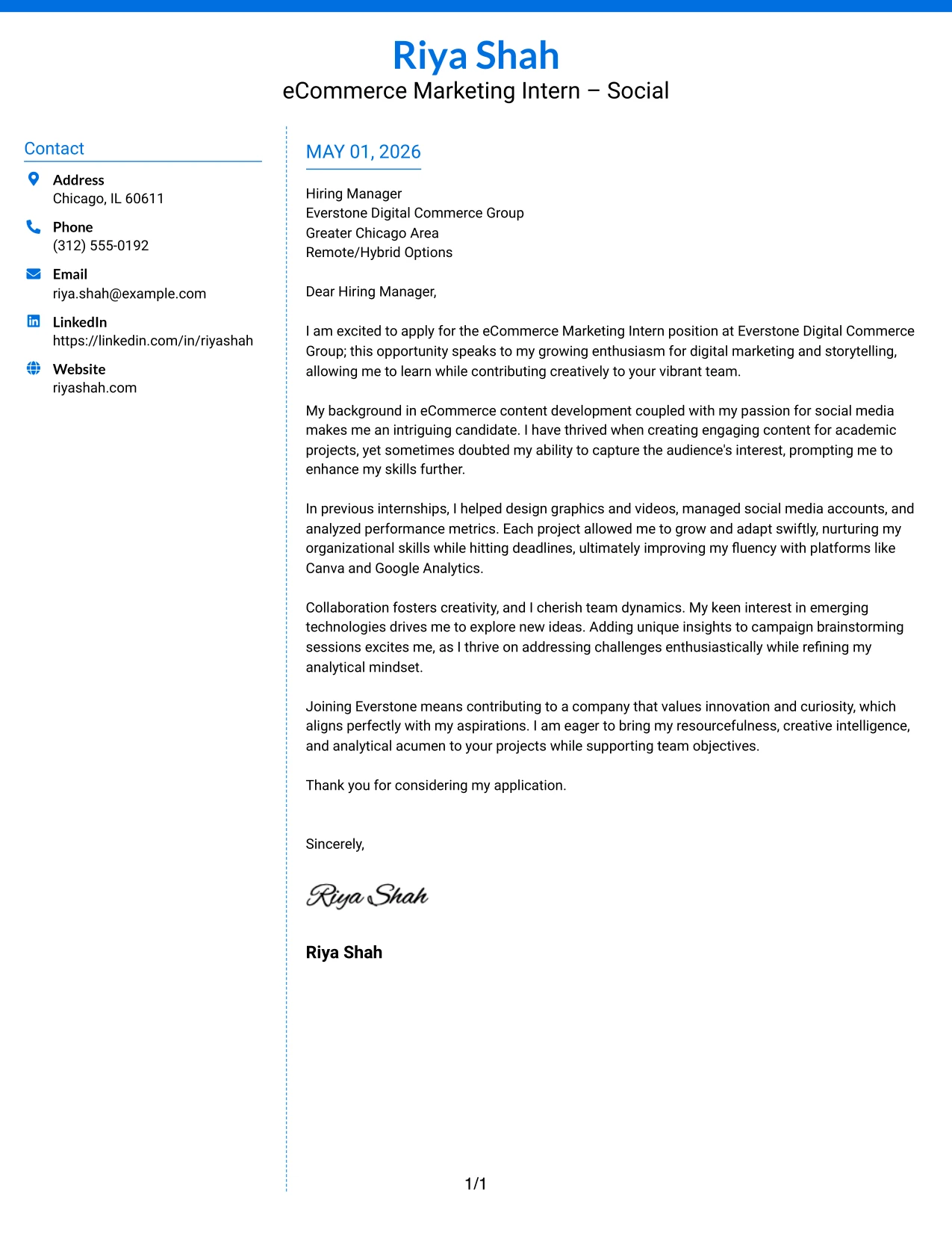 eCommerce Marketing Intern Cover Letter Example Colored Two Column Format