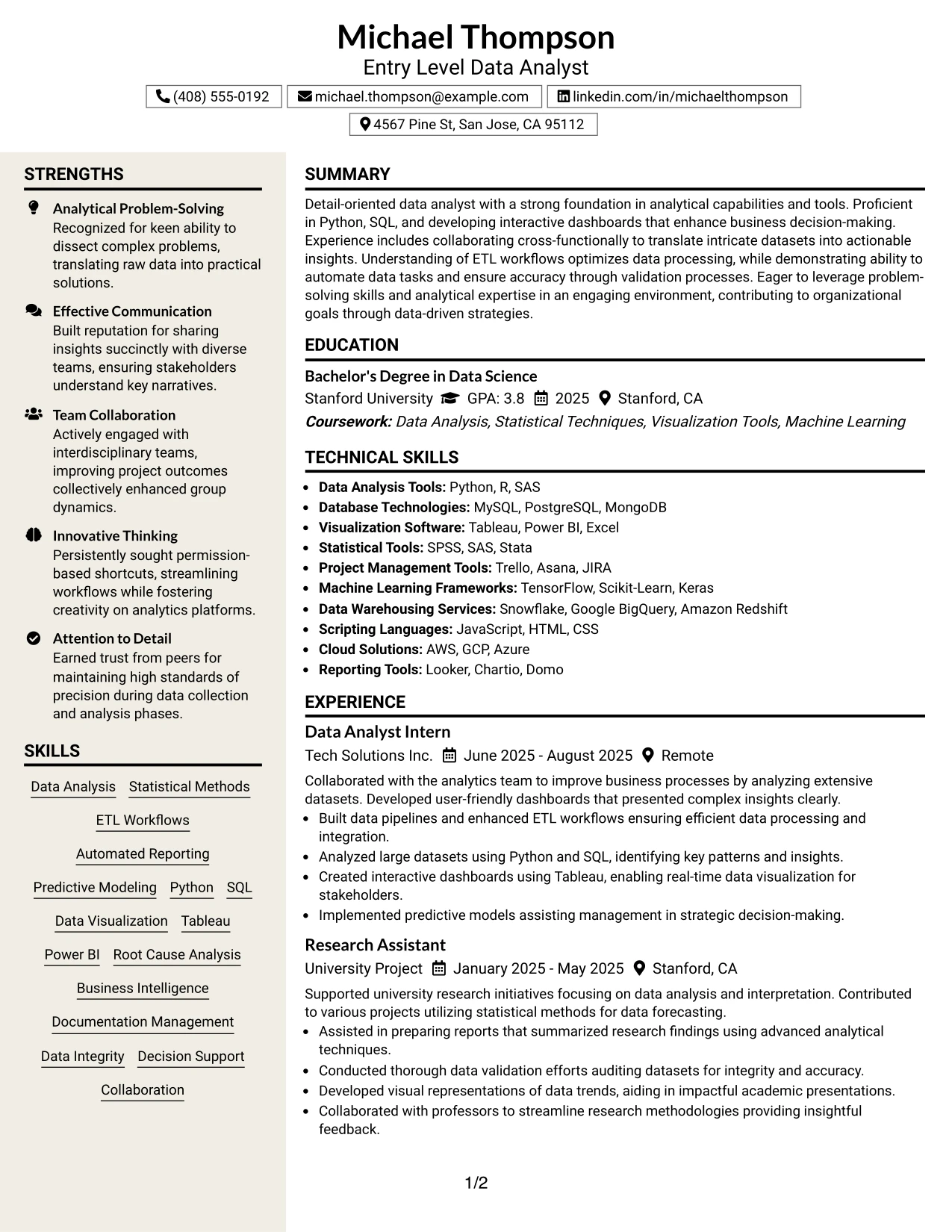 Resume Example Page 1