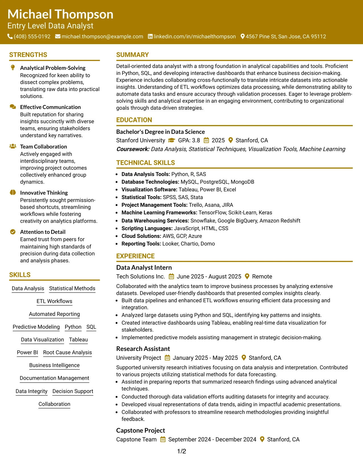 Resume Example Page 1