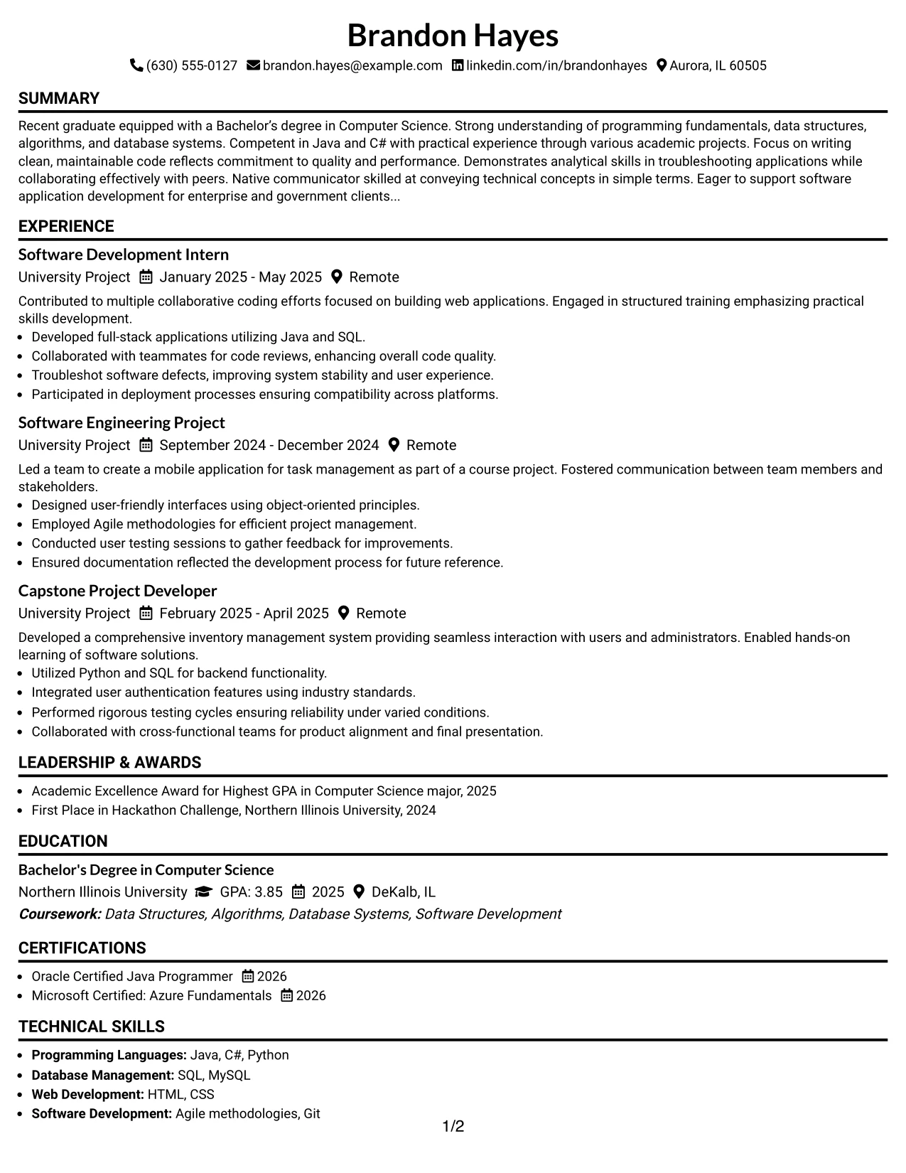 Resume Example Page 1