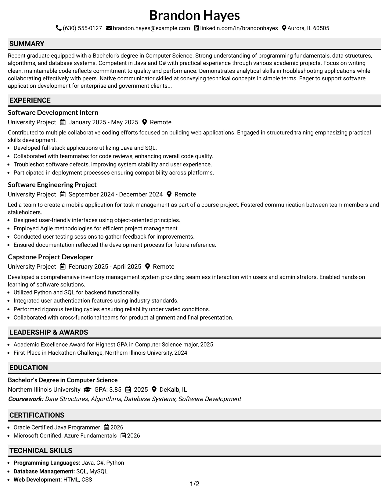 Resume Example Page 1