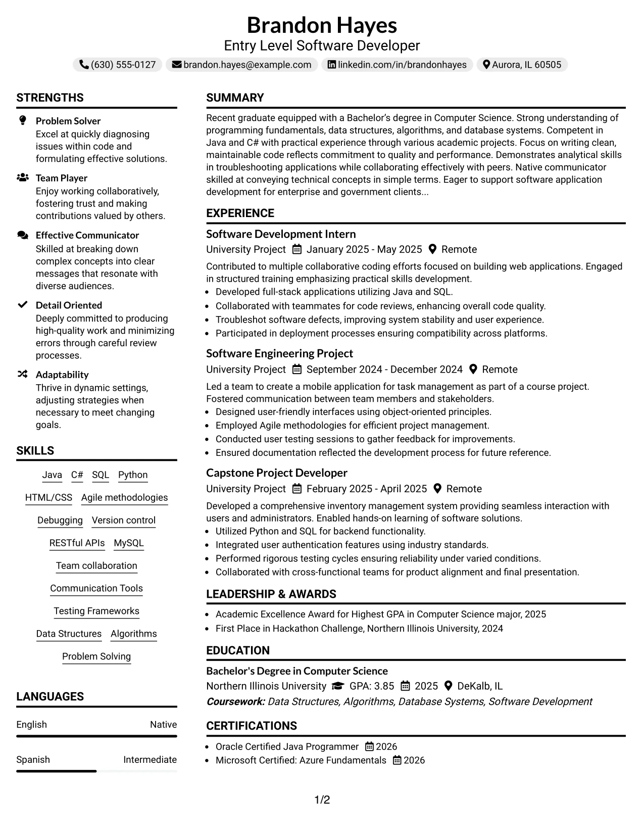 Resume Example Page 1