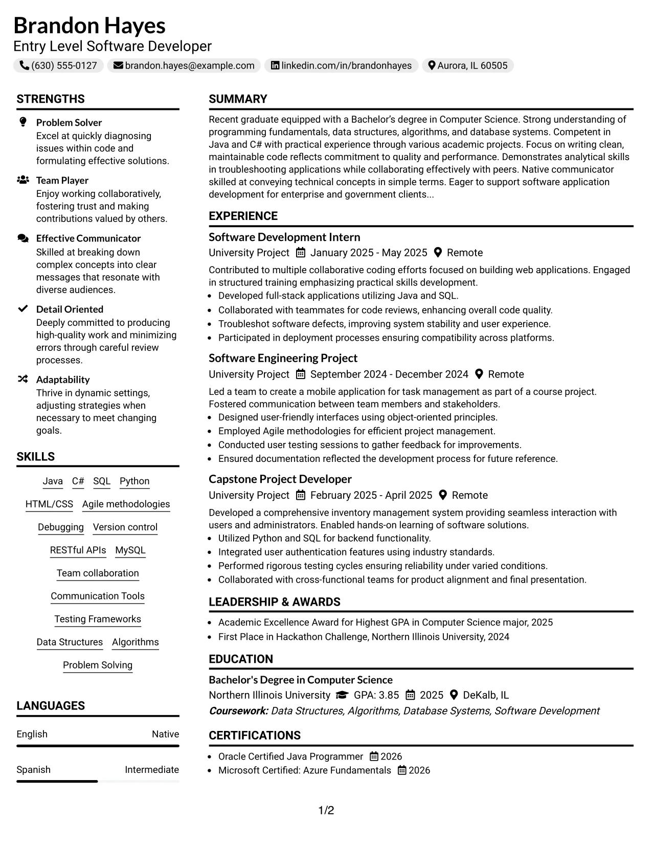 Resume Example Page 1