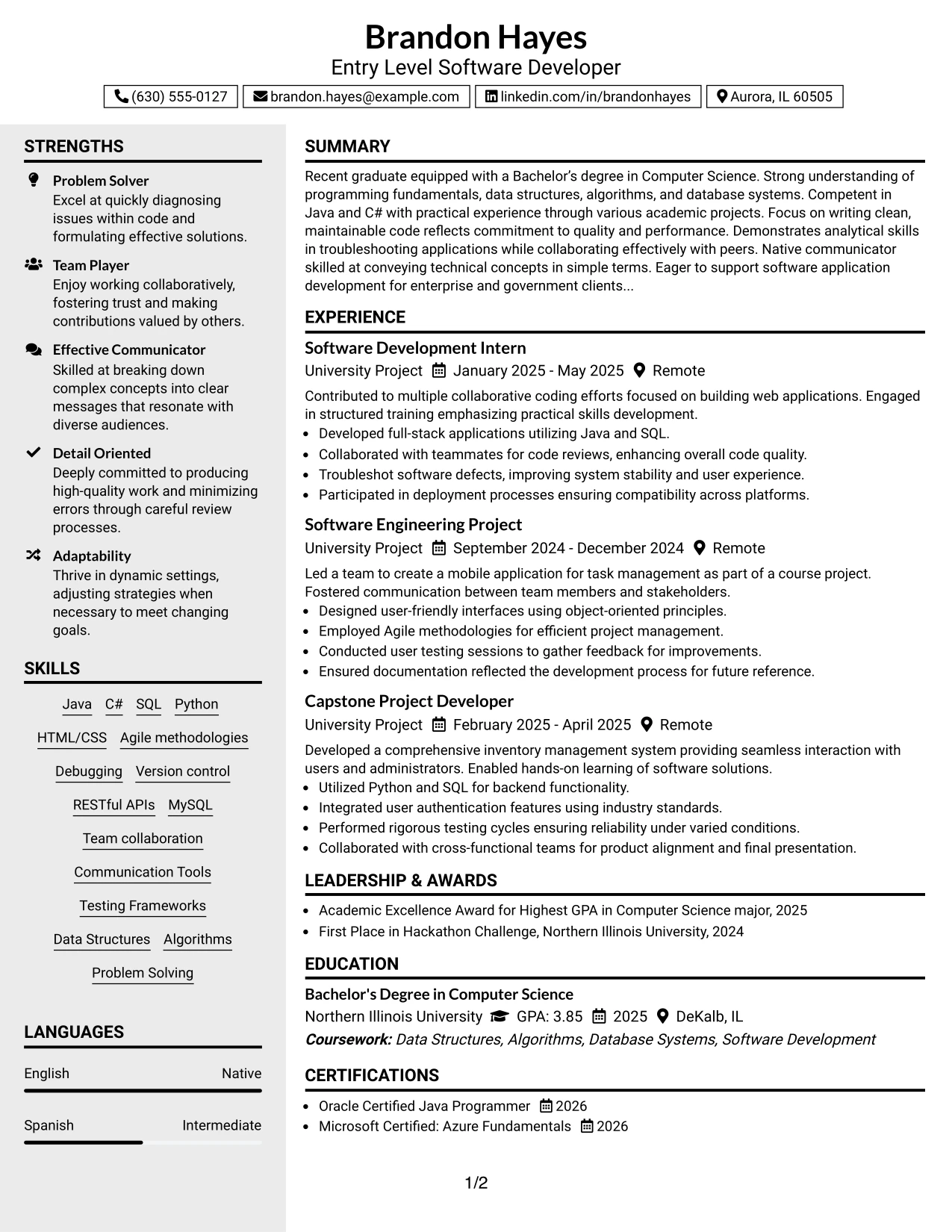 Resume Example Page 1