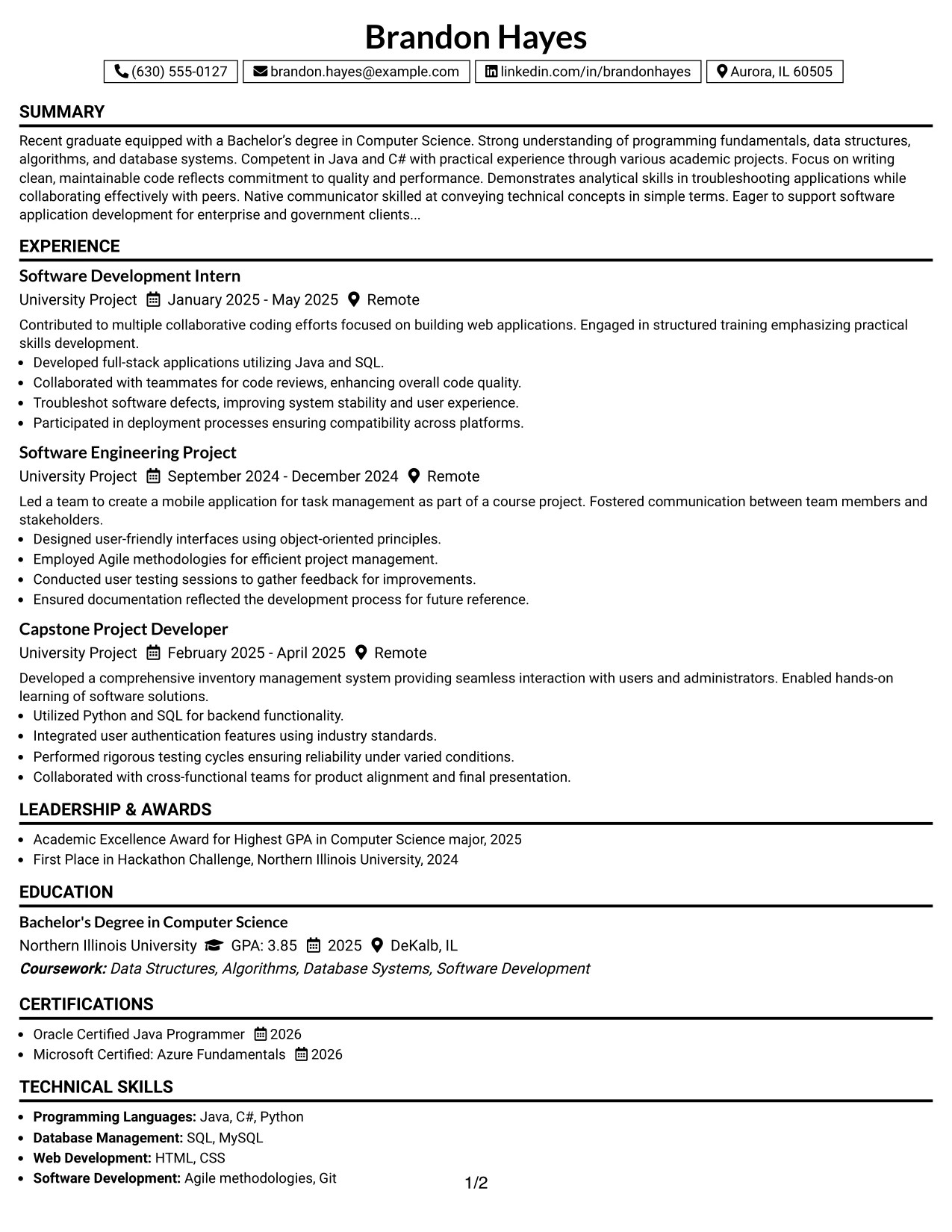 Resume Example Page 1
