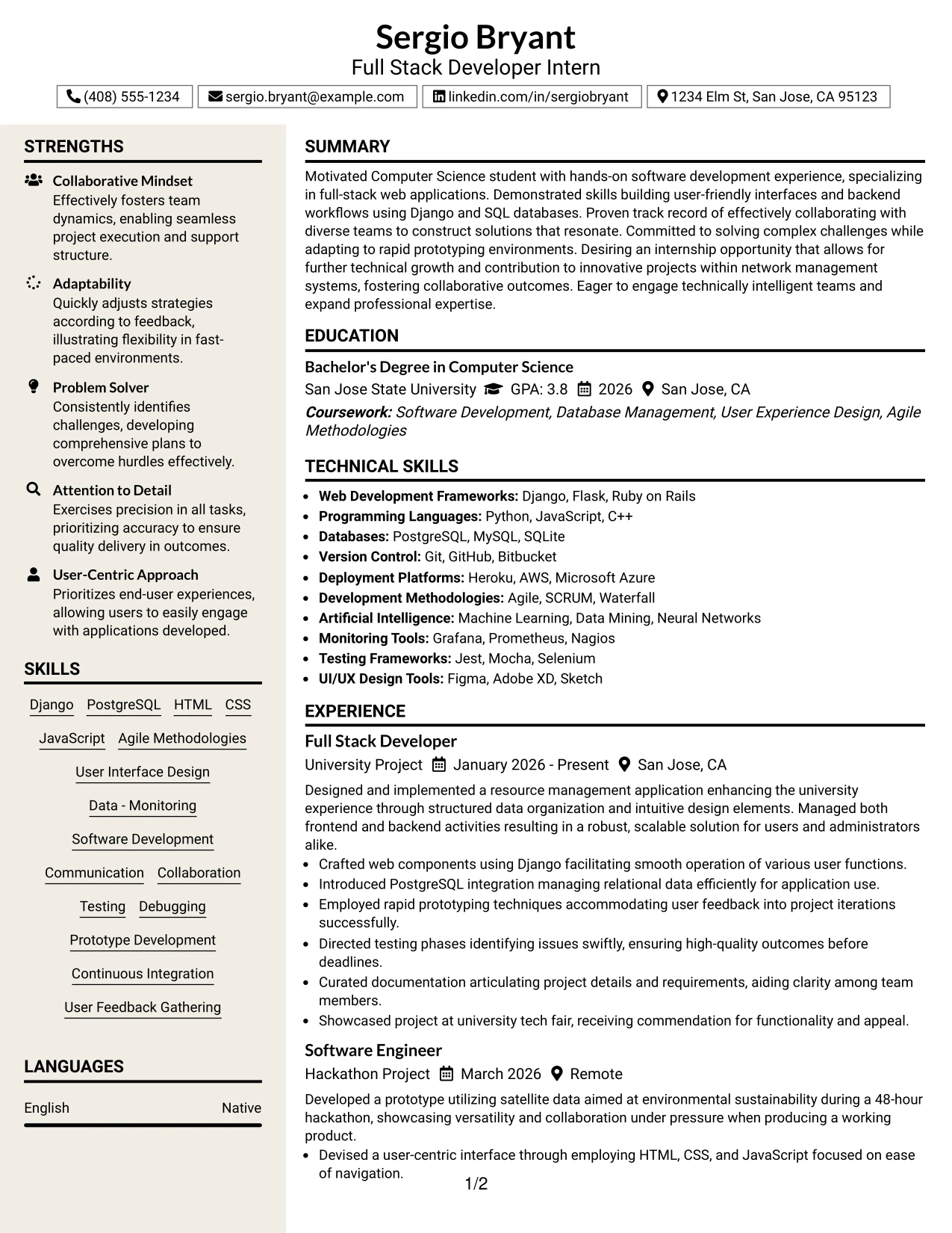 Resume Example Page 1