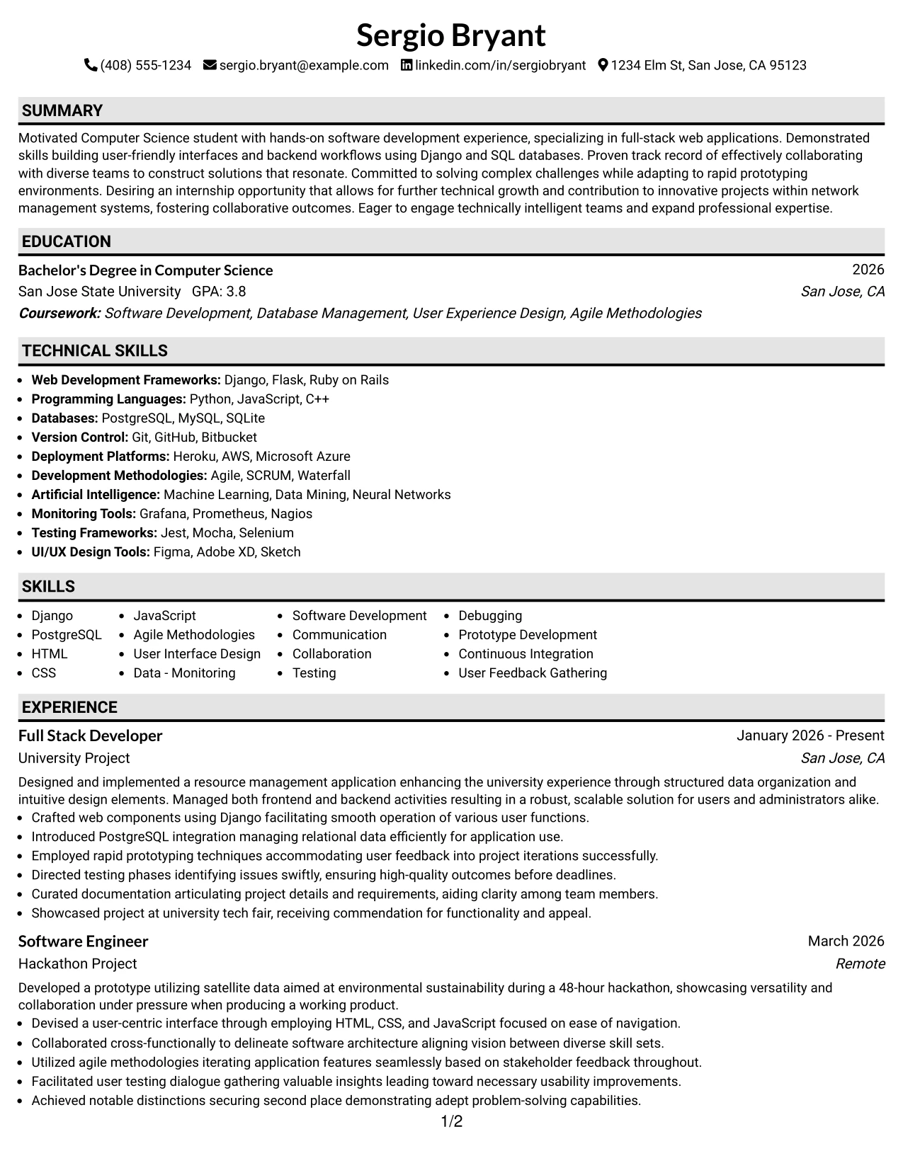 Resume Example Page 1