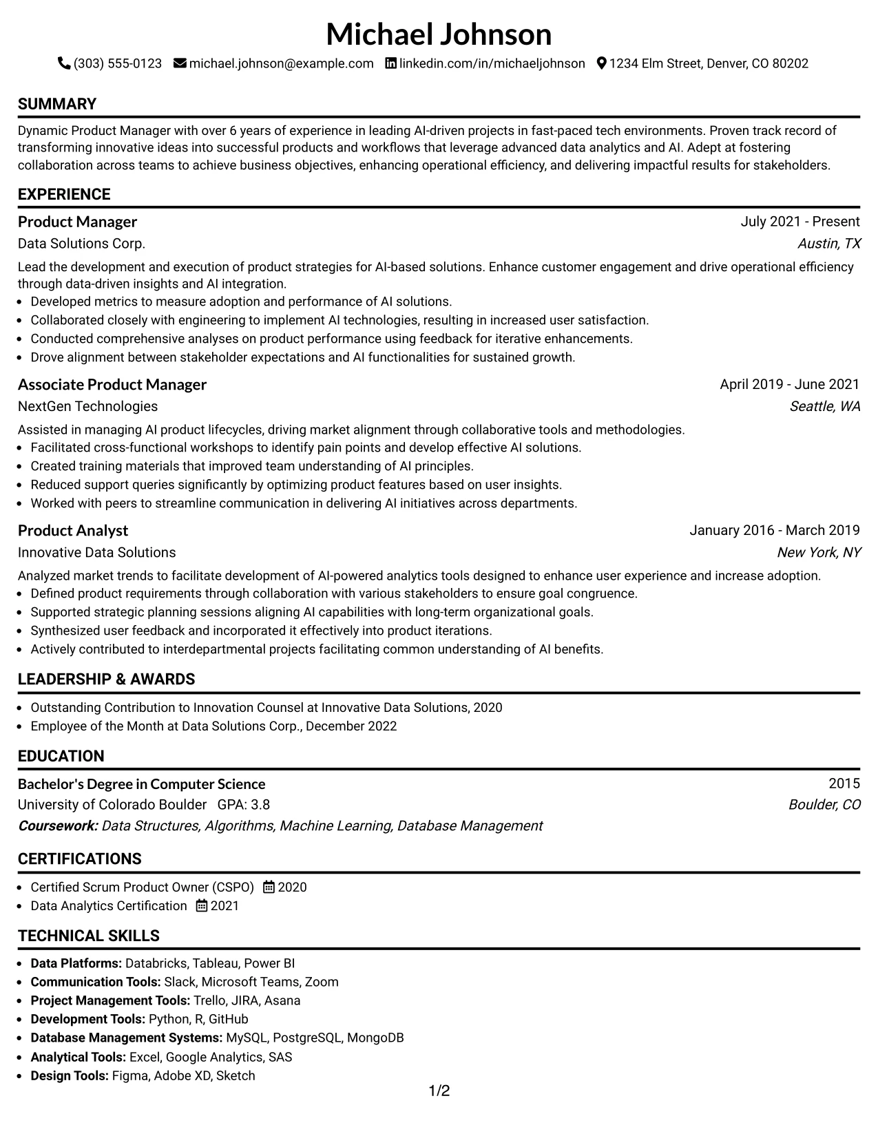 Resume Example Page 1