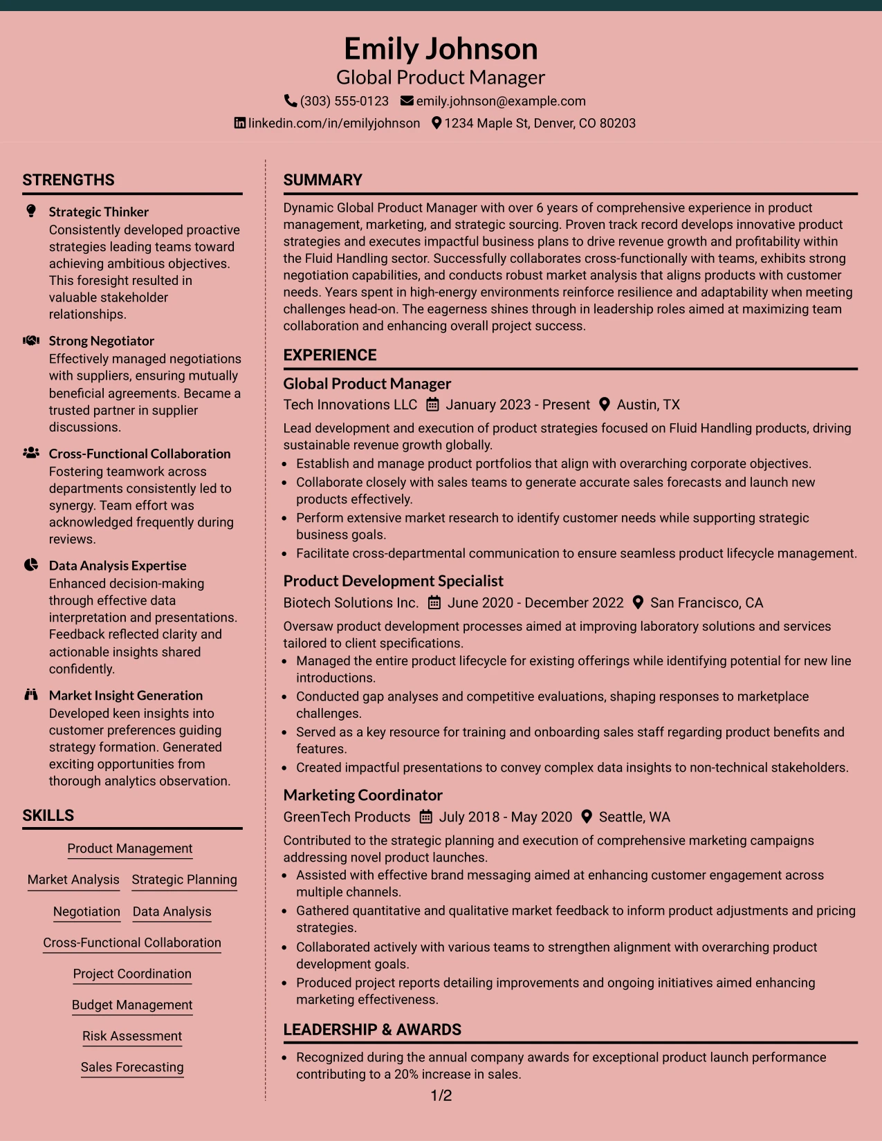 Resume Example Page 1
