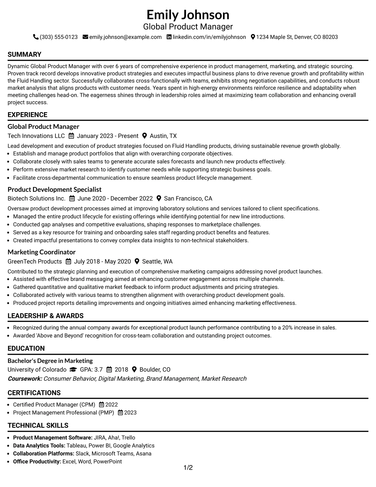 Resume Example Page 1