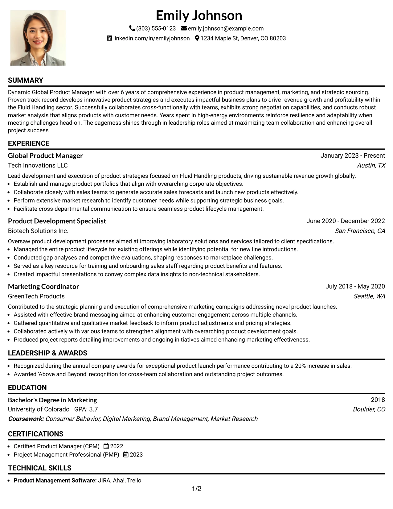 Resume Example Page 1