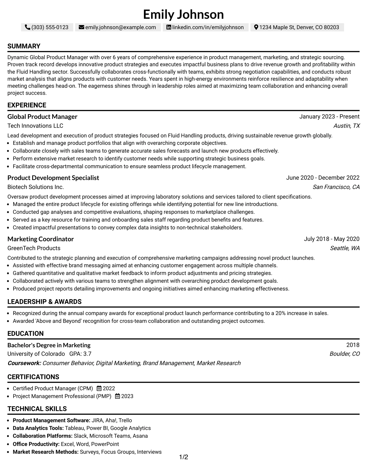 Resume Example Page 1