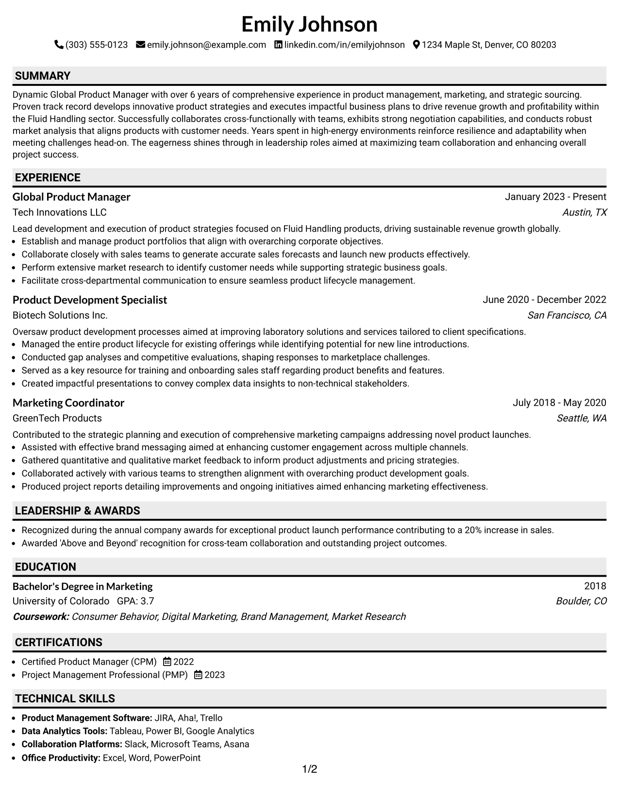 Resume Example Page 1