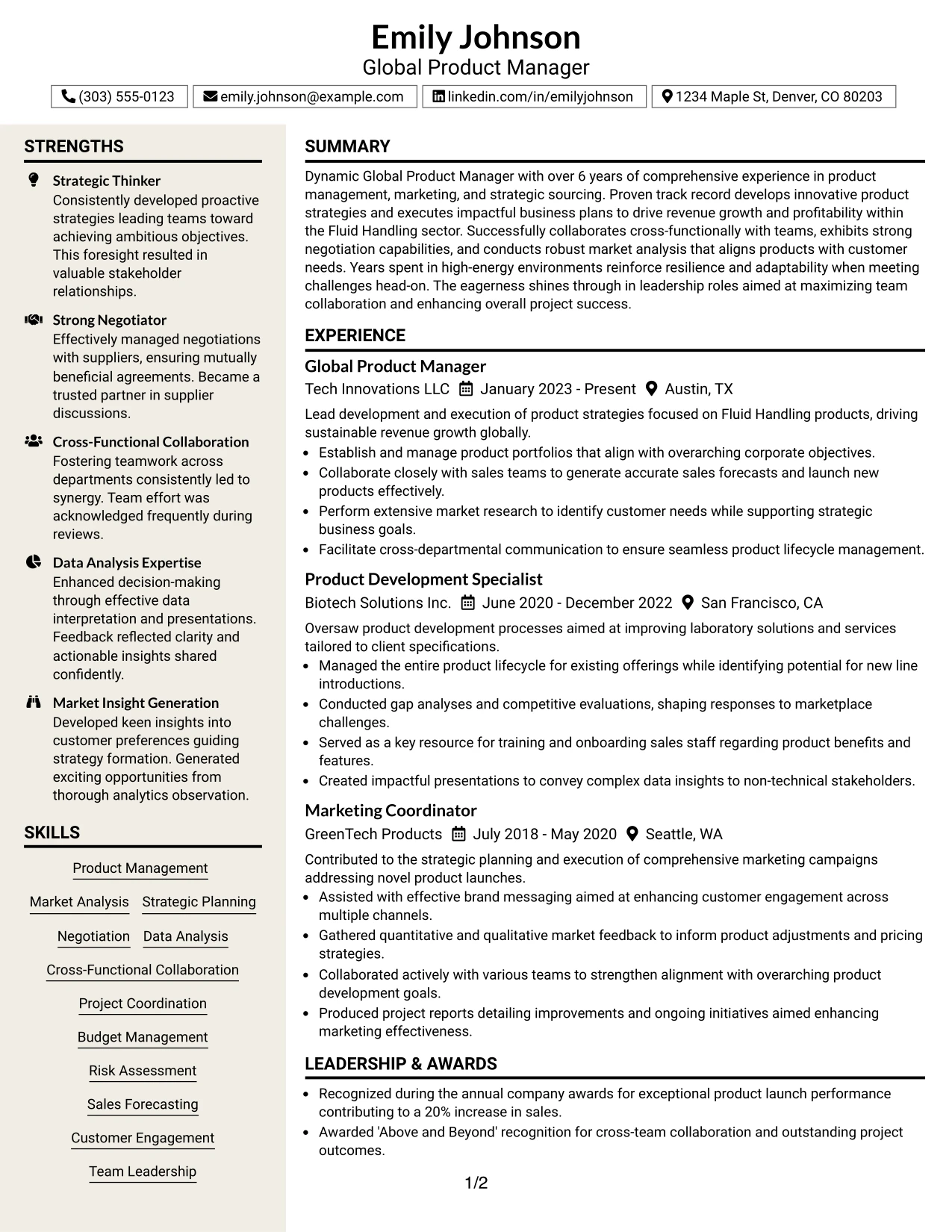Resume Example Page 1
