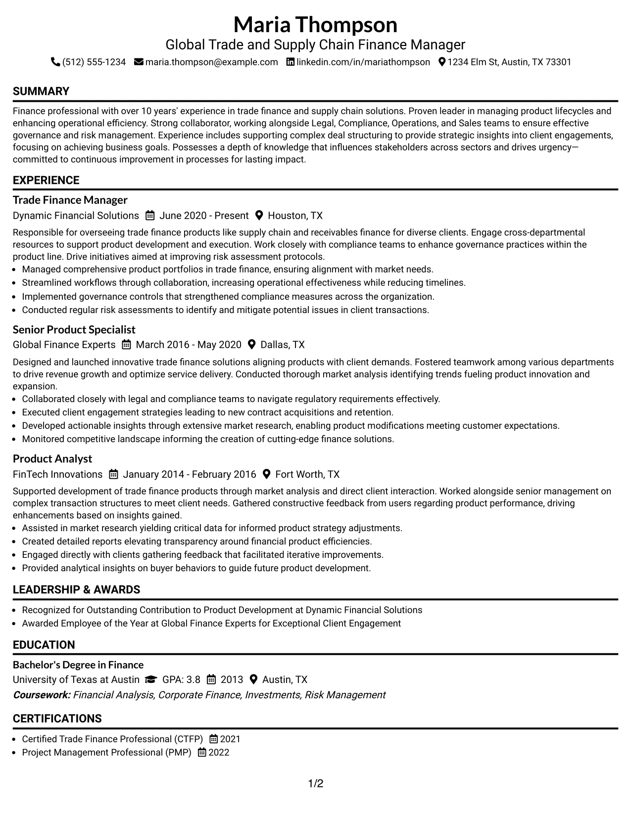 Resume Example Page 1