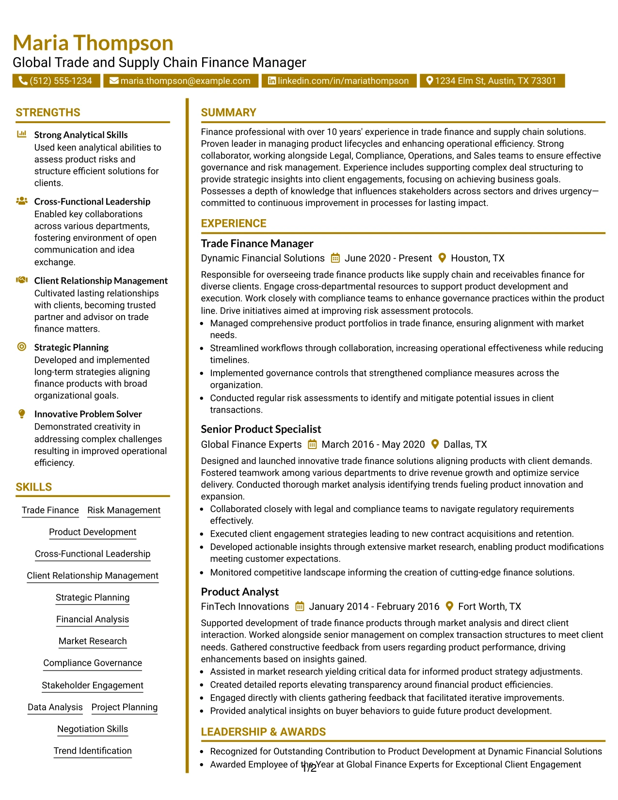 Resume Example Page 1