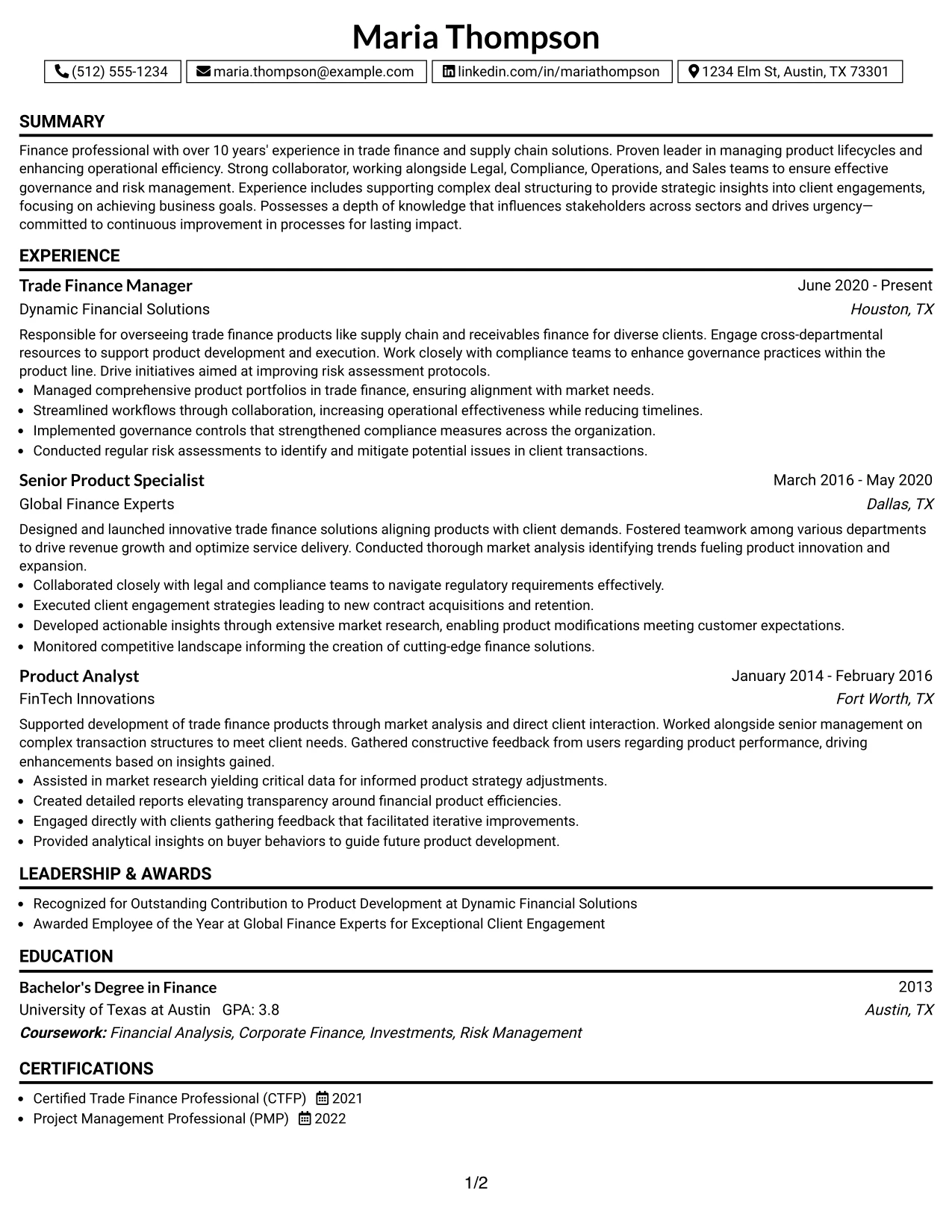 Resume Example Page 1