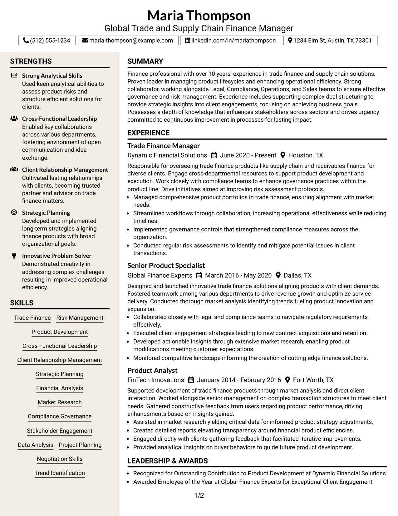 Resume Example Page 1