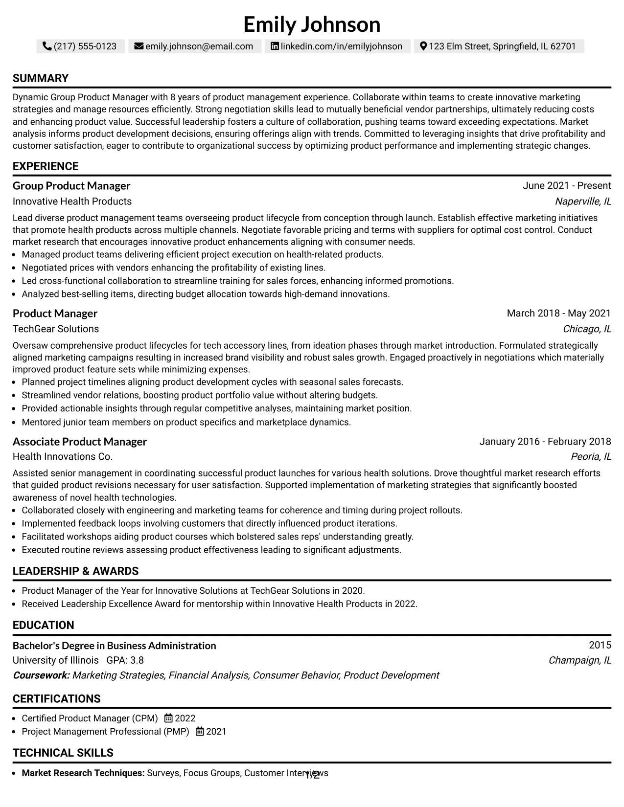 Resume Example Page 1
