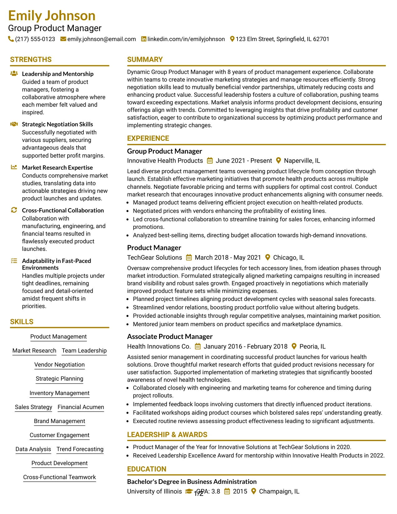 Resume Example Page 1