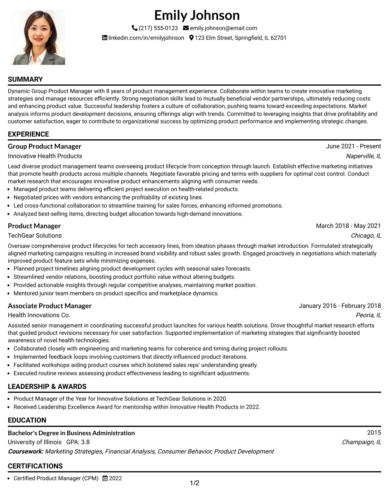 Resume Example Page 1