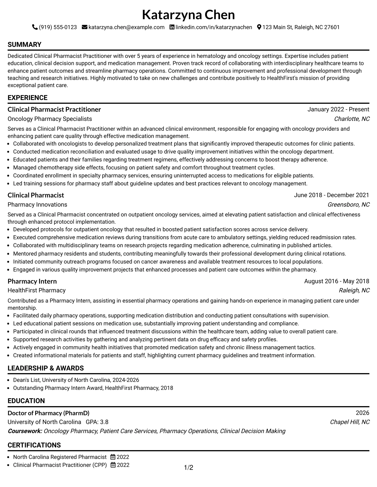 Resume Example Page 1