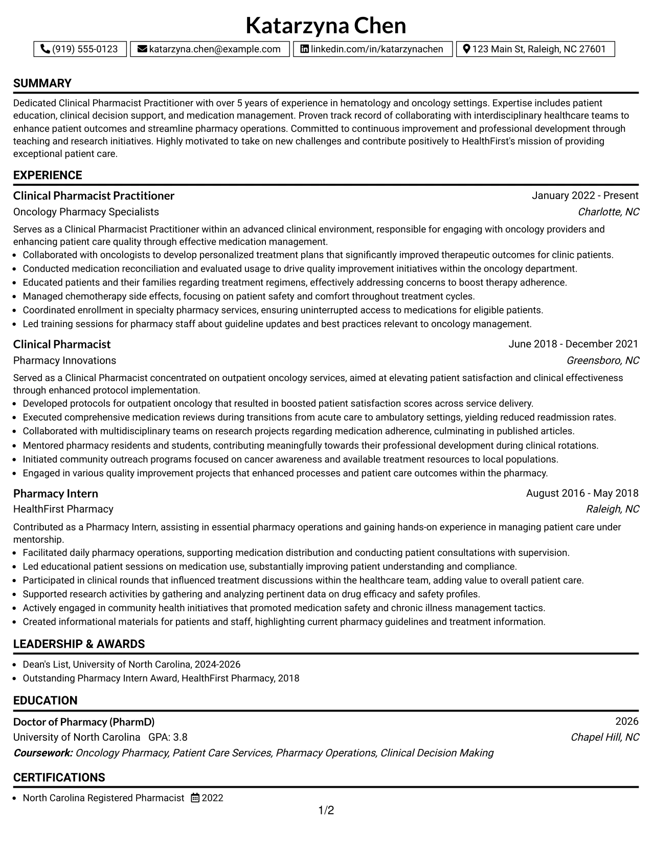 Resume Example Page 1