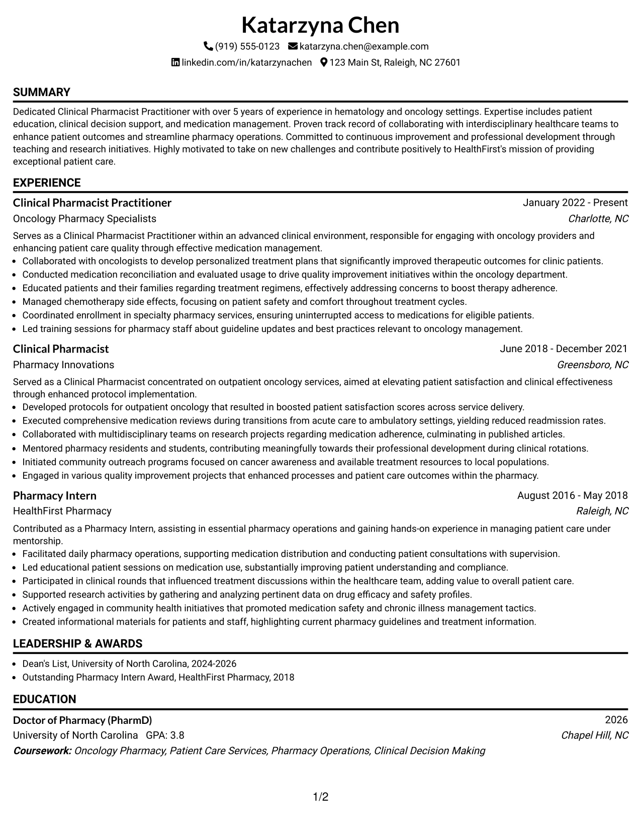 Resume Example Page 1