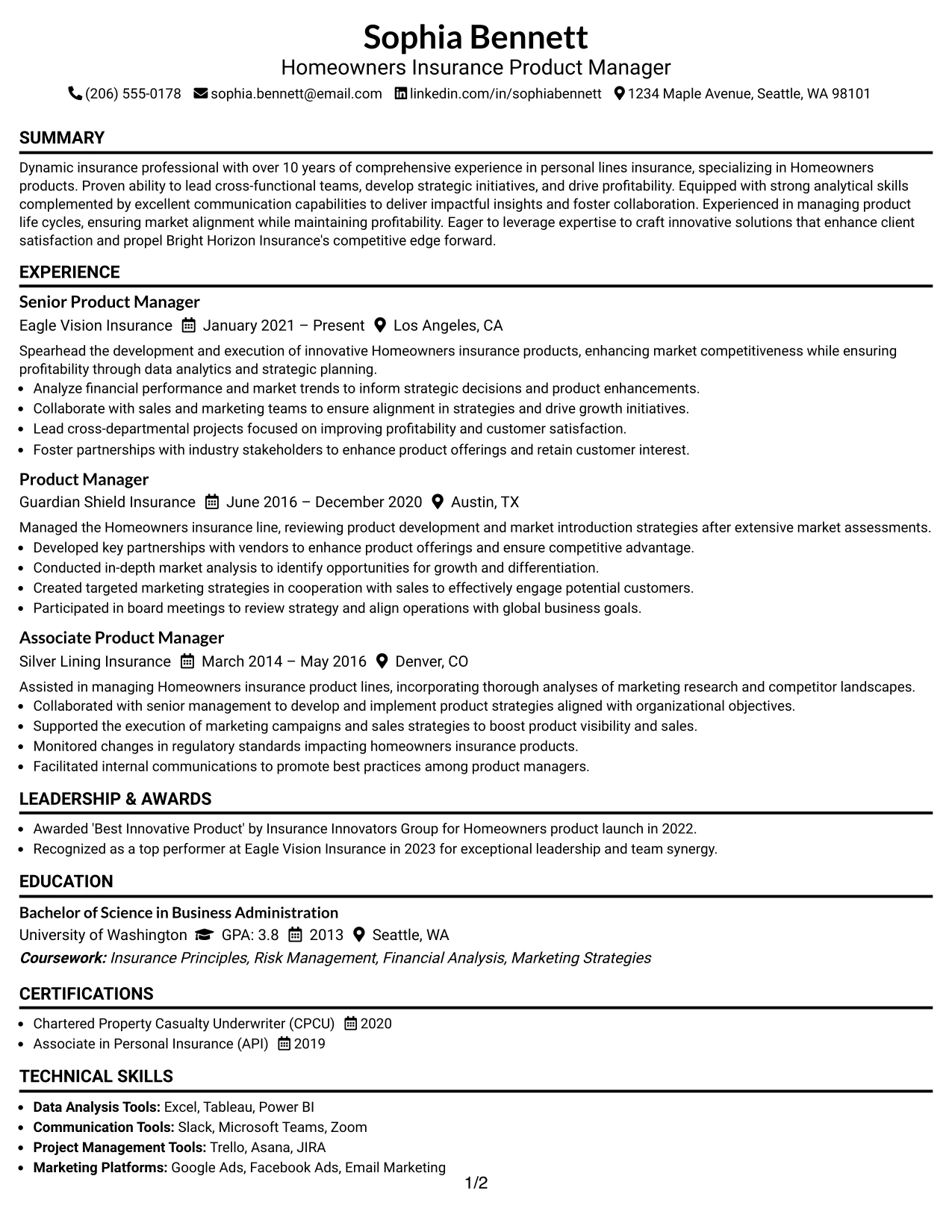 Resume Example Page 1
