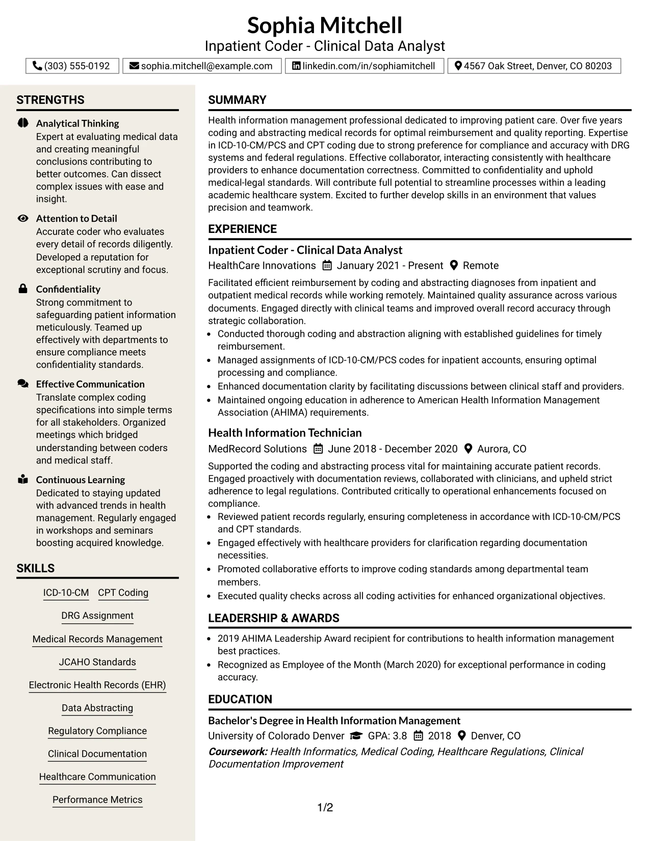 Resume Example Page 1
