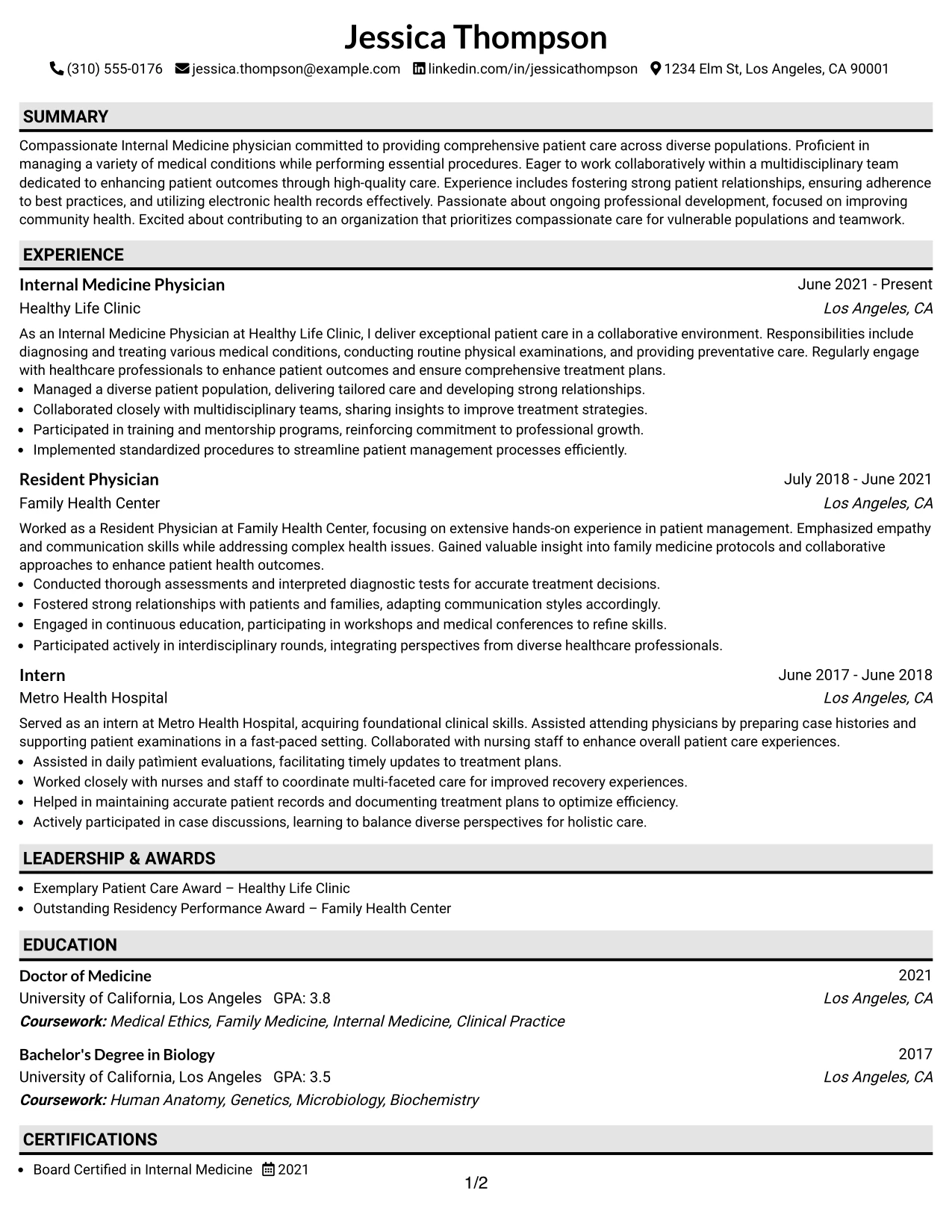 Resume Example Page 1