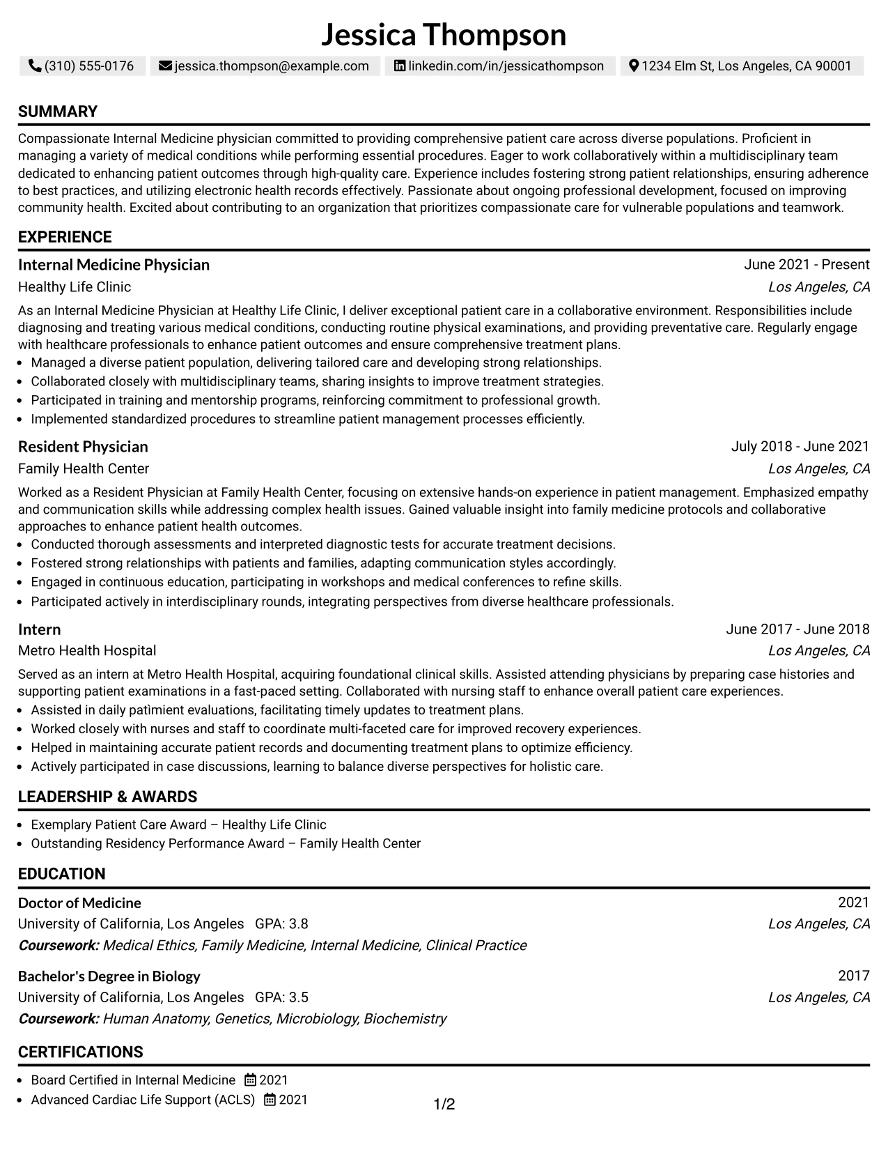 Resume Example Page 1