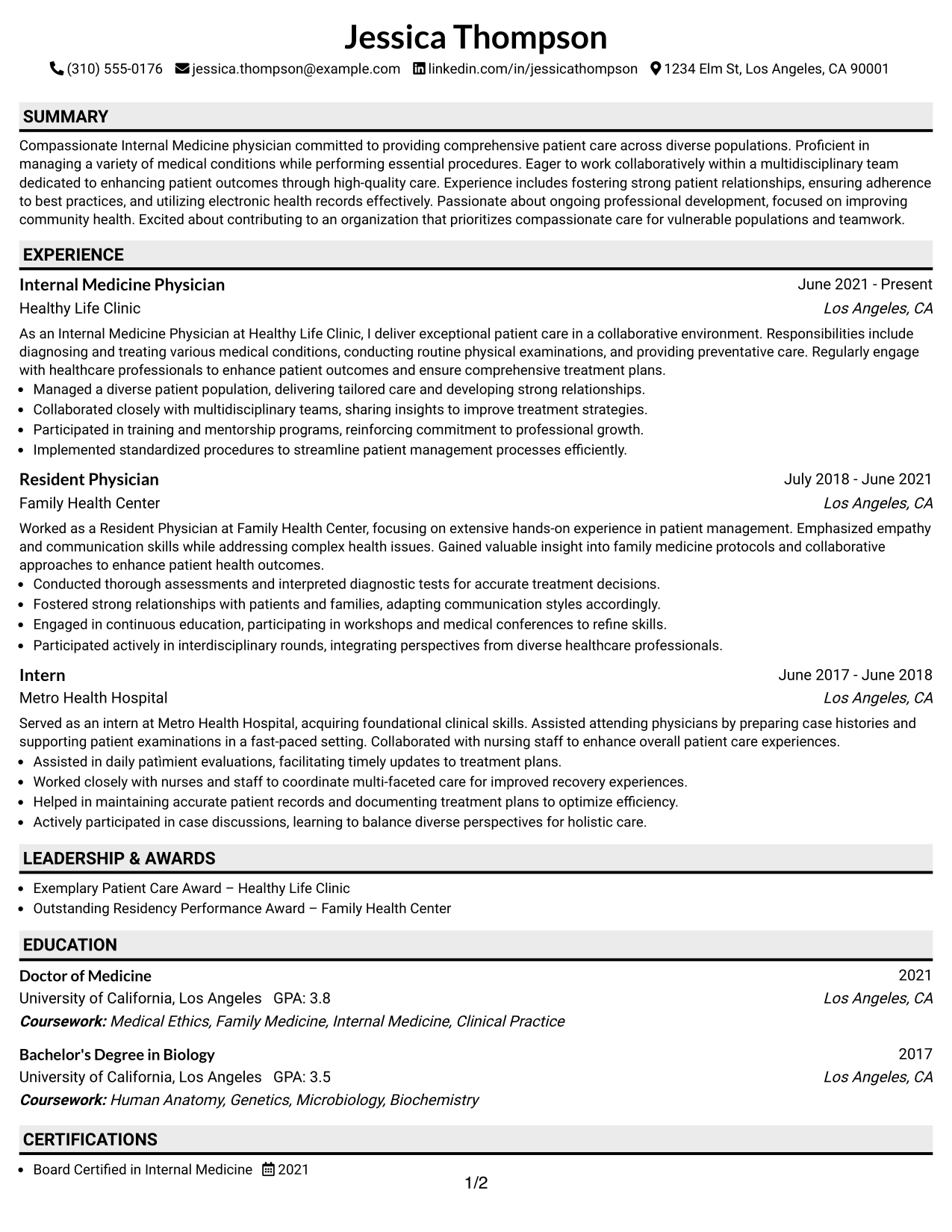 Resume Example Page 1