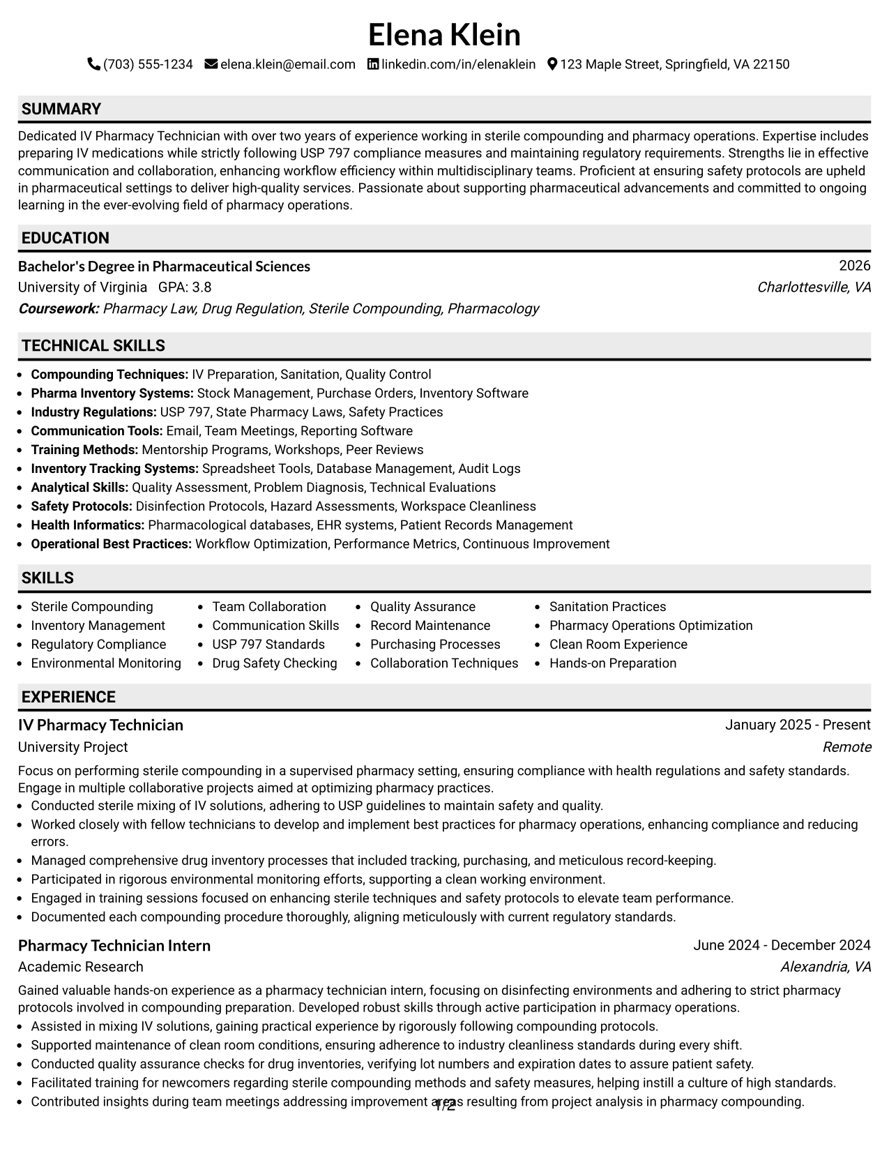 Resume Example Page 1