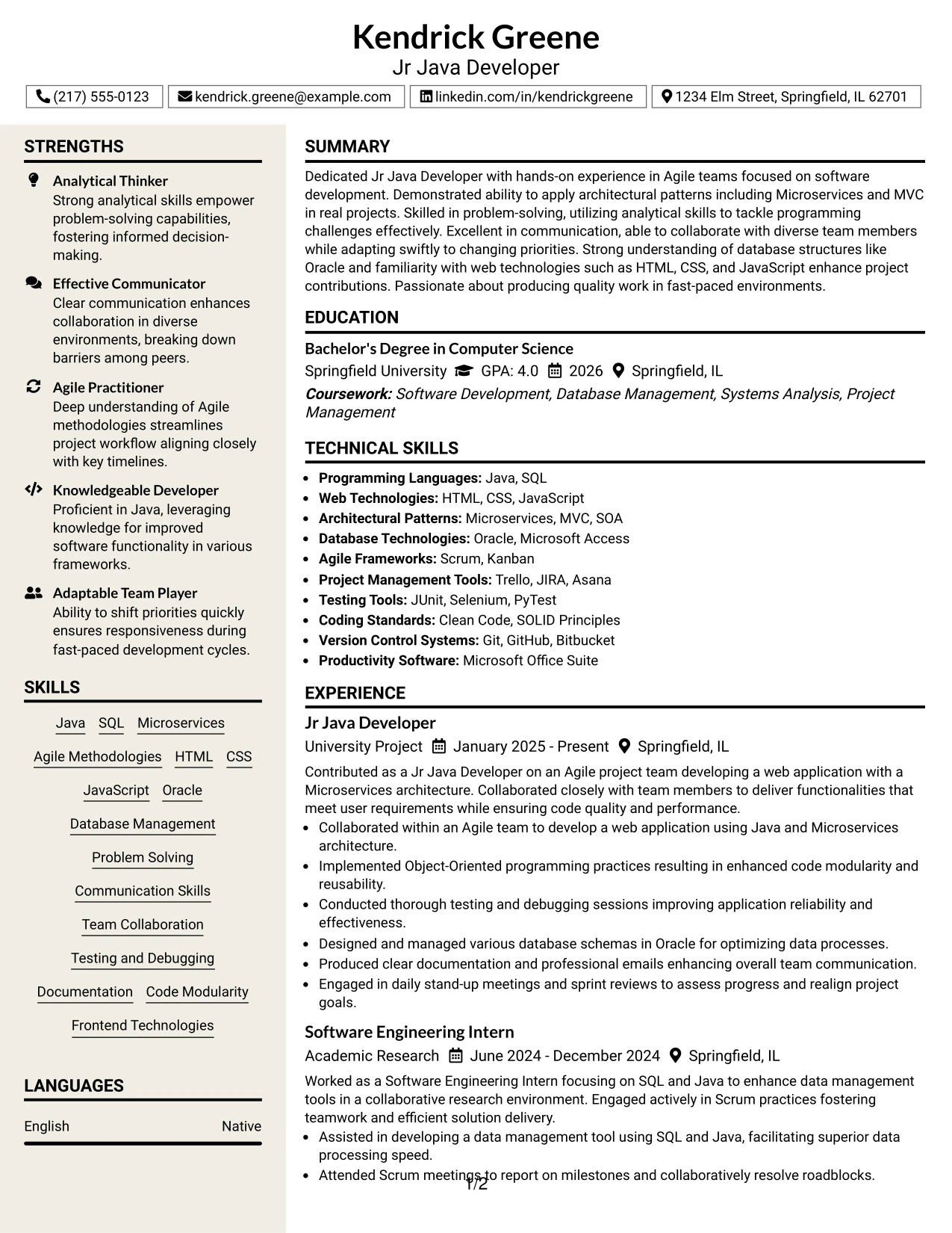Resume Example Page 1