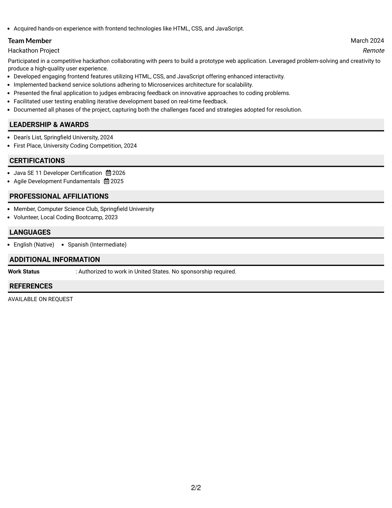 Resume Example Page 2