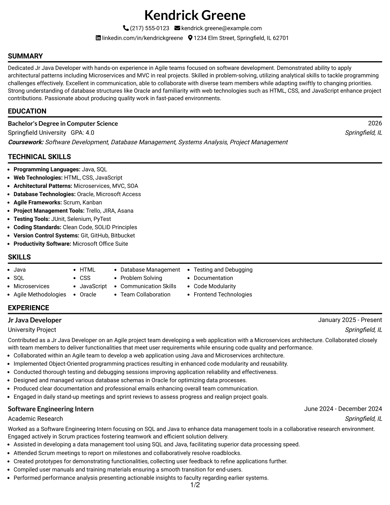 Resume Example Page 1