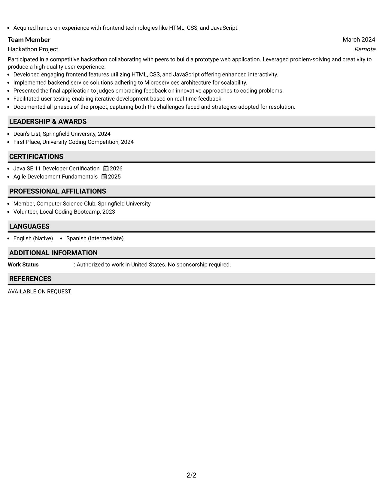 Resume Example Page 2