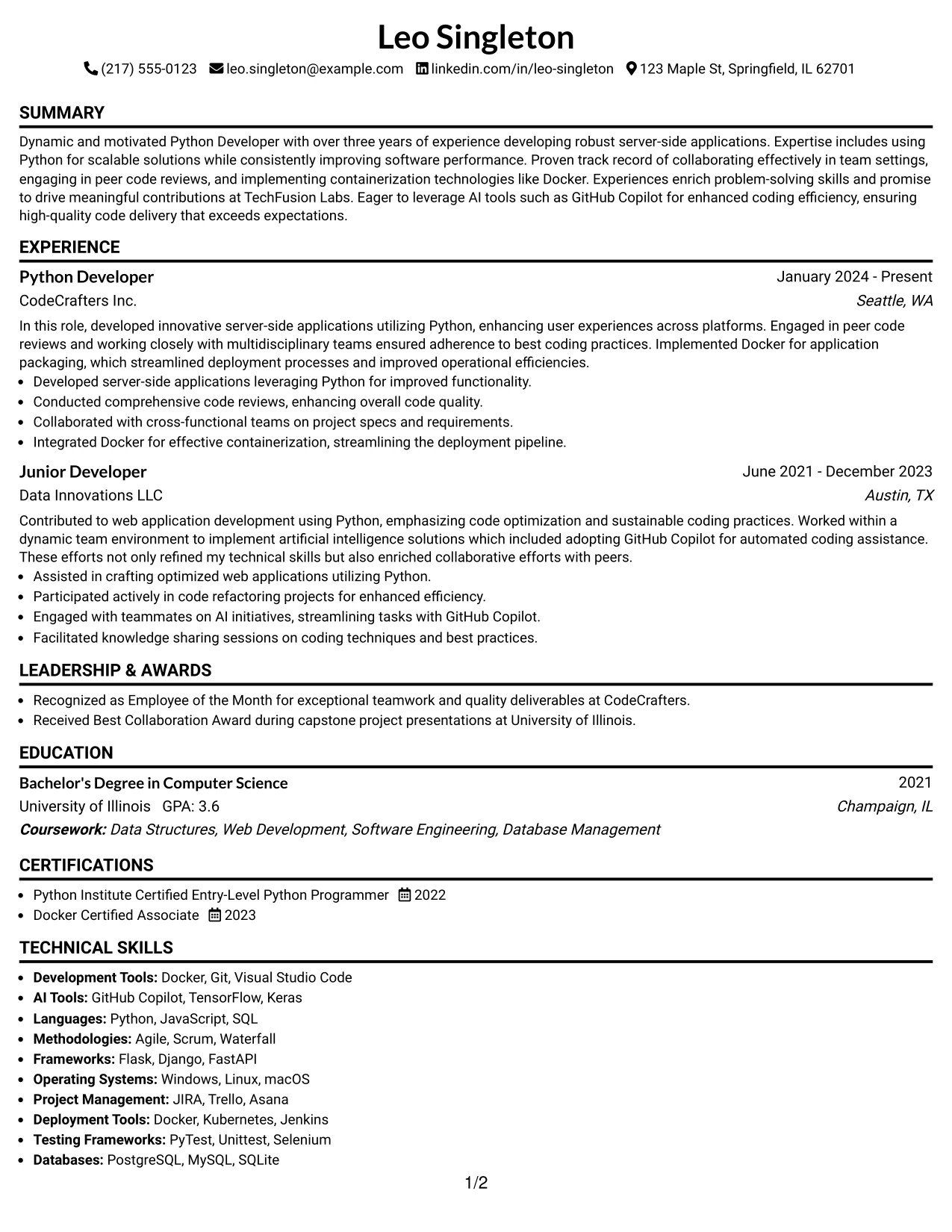 Resume Example Page 1