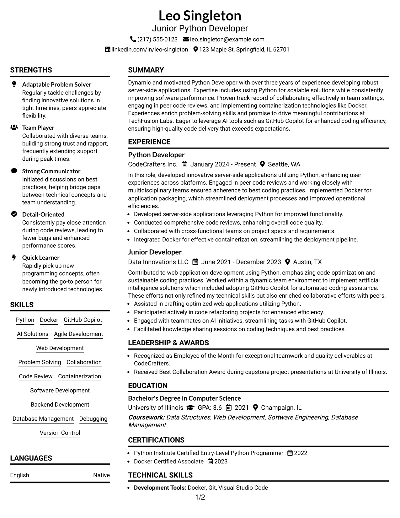 Resume Example Page 1