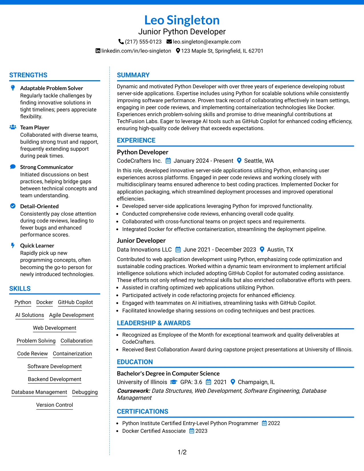 Resume Example Page 1