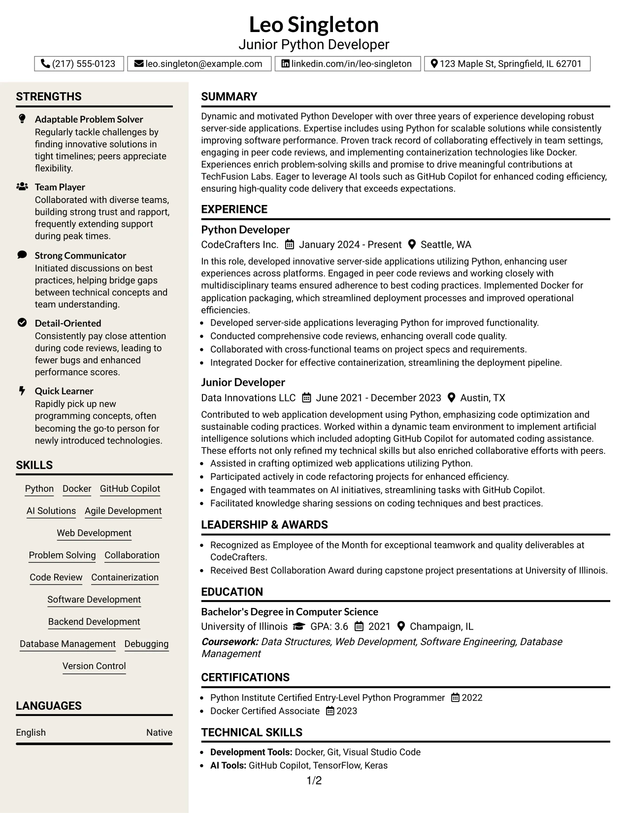 Resume Example Page 1